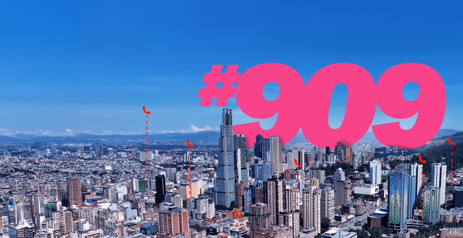 Línea #909 de urgencias veterinarias Movet sobre vista aérea de Bogotá